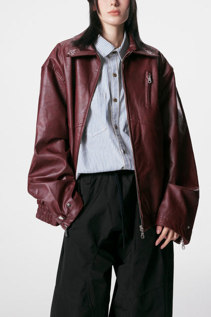 European and American Heavy Embroidery Lapel Loose Short Zipper Leather Jacket Coat