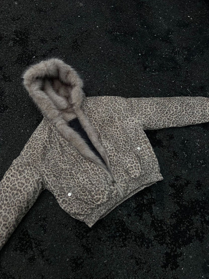 American Retro Style Hooded Thick Cotton Jacket with Leopard Print for Men and Women, Winter Couple's Hooded Cotton Coat