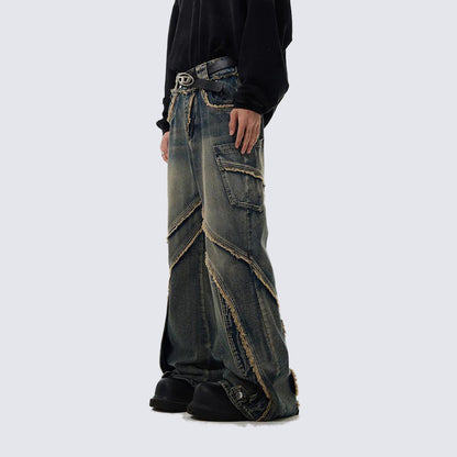 GUOWEAR Niche Retro Distressed Jeans for Men, Washed and Frayed, Loose Fit, Wide Leg, Korean Style Trend