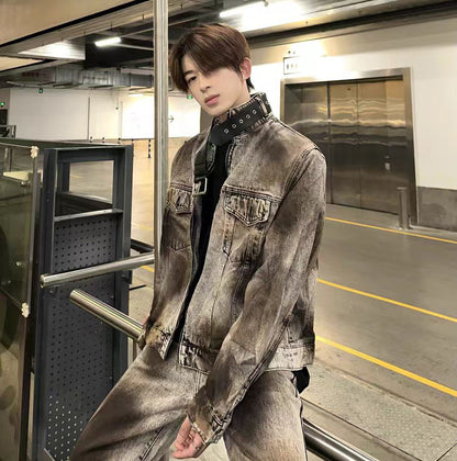 American High Street Retro Distressed Wasteland Style Washed Wrinkled Flared Jeans for Men European and American Wide-Leg Pants Trendy Long Pants