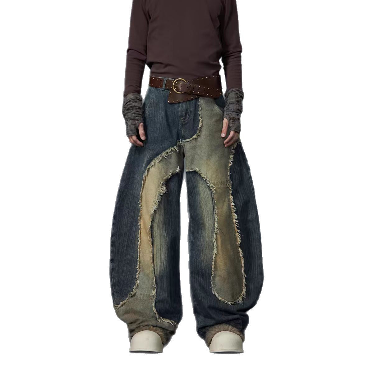 Post-apocalyptic Heavy Industry Patchwork Frayed Edge Stand Collar Structure Denim Jacket Scimitar Jeans Unisex