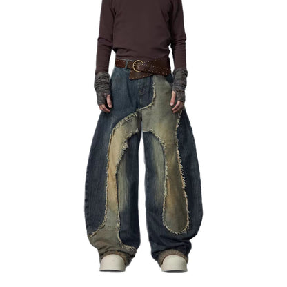 Post-apocalyptic Heavy Industry Patchwork Frayed Edge Stand Collar Structure Denim Jacket Scimitar Jeans Unisex