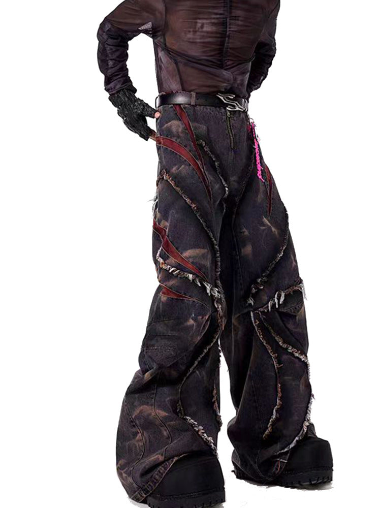 European and American High Street Heavy Craft Snowflake Scimitar Jeans for Men Spring Frayed Edge Patchwork Mesh Wide-Leg Pants