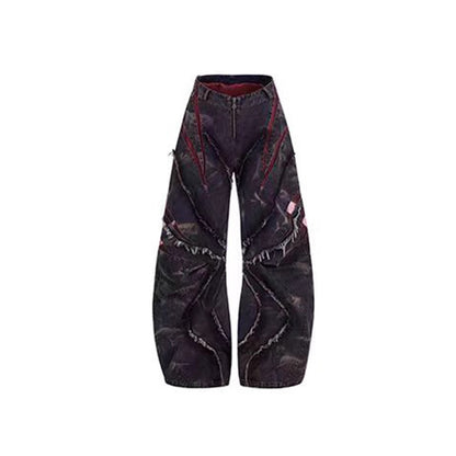 European and American High Street Heavy Craft Snowflake Scimitar Jeans for Men Spring Frayed Edge Patchwork Mesh Wide-Leg Pants