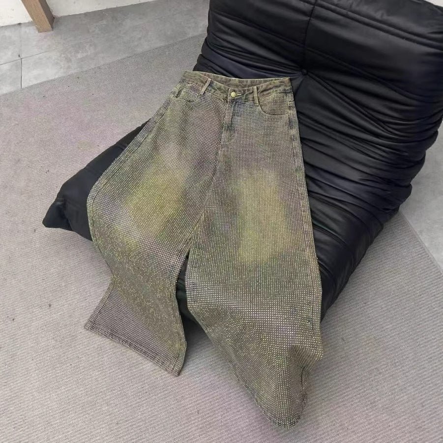 Summer New Crystal Shiny Diamond Straight-Leg Pants Extra Long Denim Floor-Length Pants Shiny Diamond Long Pants New High-Waisted Slimming Style