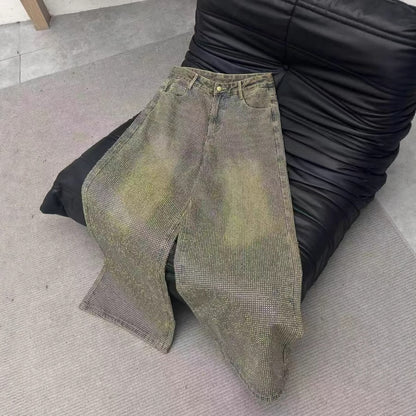 Summer New Crystal Shiny Diamond Straight-Leg Pants Extra Long Denim Floor-Length Pants Shiny Diamond Long Pants New High-Waisted Slimming Style