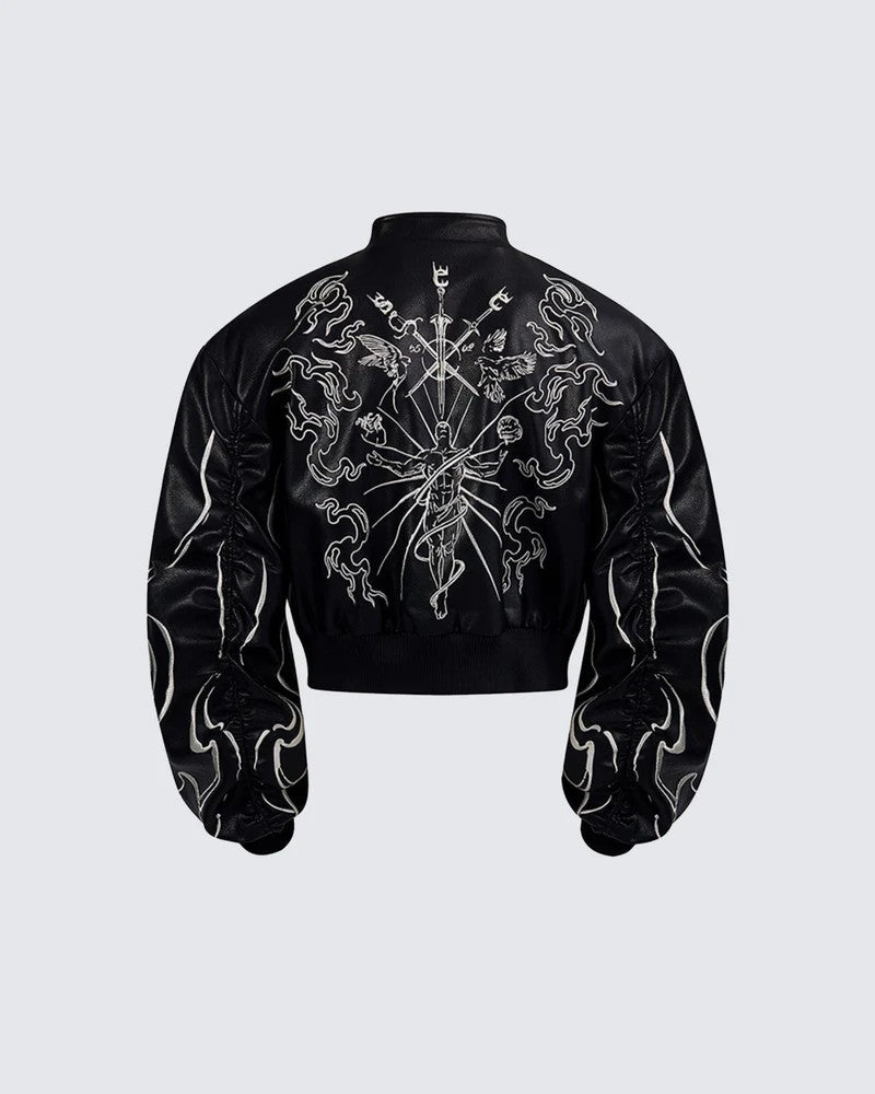 Gothic Style Embroidered Short Leather Jacket for Men and Women, Autumn Stand Collar Motorcycle Short Sleeve Jacket