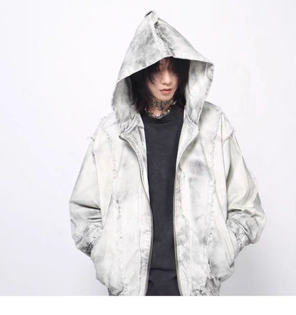 European and American High Street Wasteland Style Spray Paint Dirty Patchwork Hooded Jacket for Men Spring Frayed Edge Design Coat