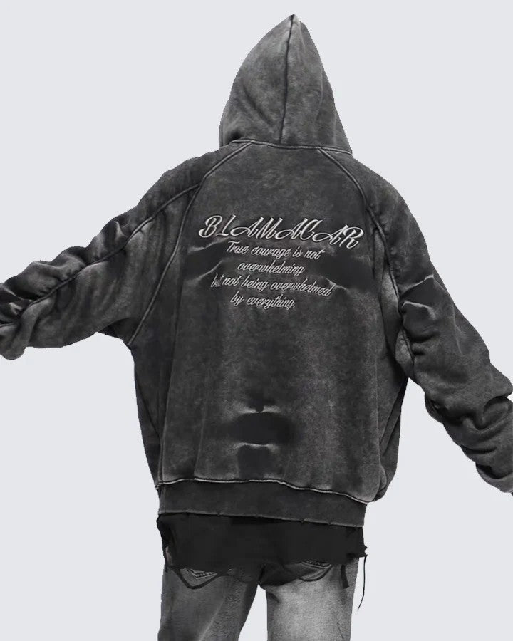 American High Street Vintage Washed Wrinkled Sleeve Hooded Fleece Men's Niche Embroidered Jacket Trendy