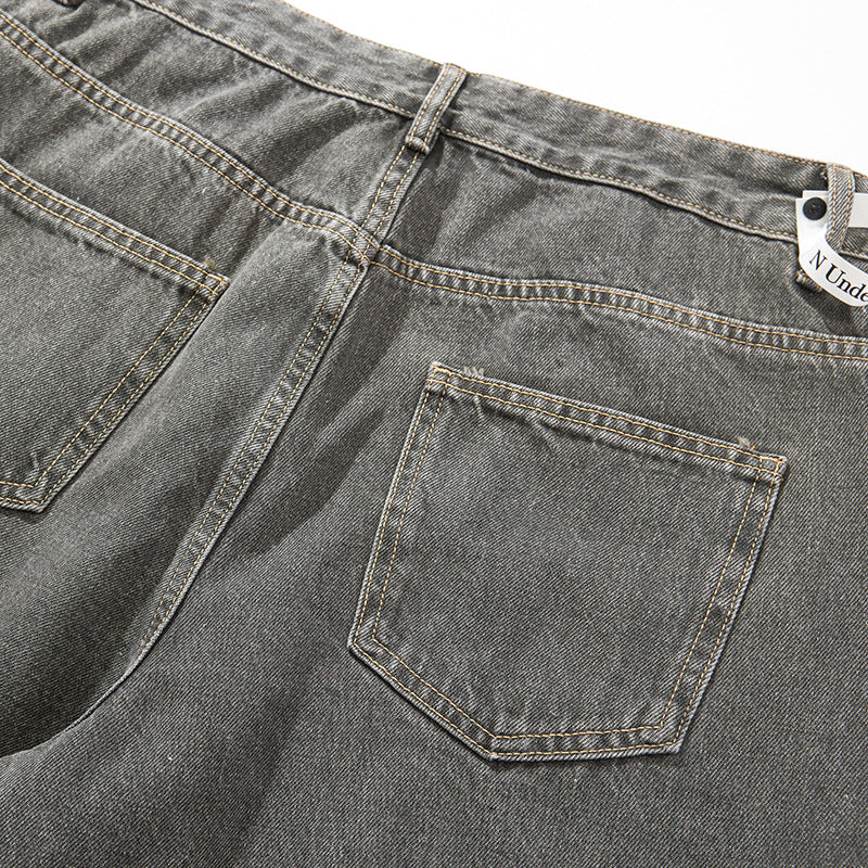 Distressed Jeans Loose Wide-Leg Straight Trendy Beggar Style Slimming High Street Design Niche Long Pants High Street Style