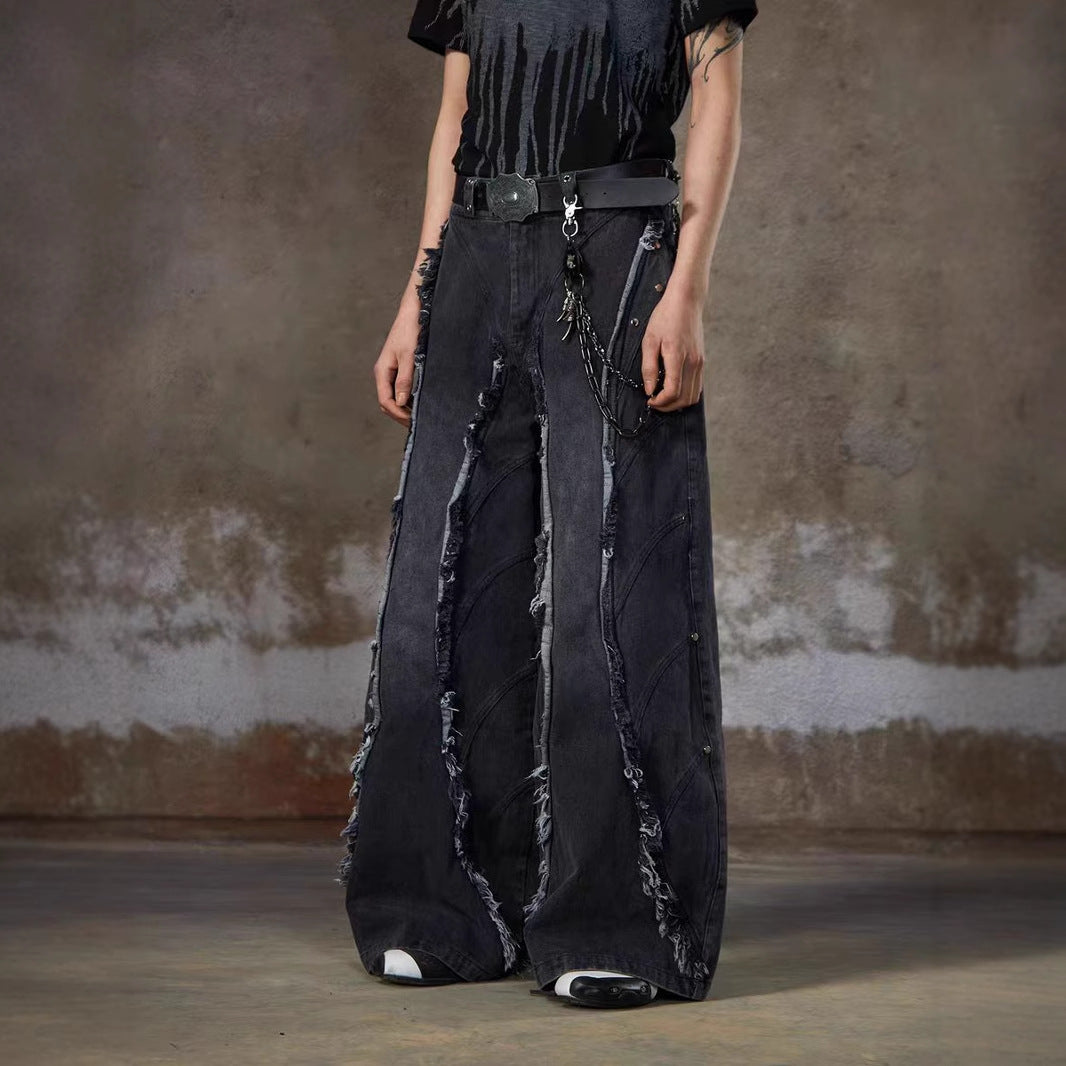refuge  American Heavy Industry Niche Design Sense Silhouette Jeans High Street Washed Frayed Edge Tassel Rivet Loose Fit