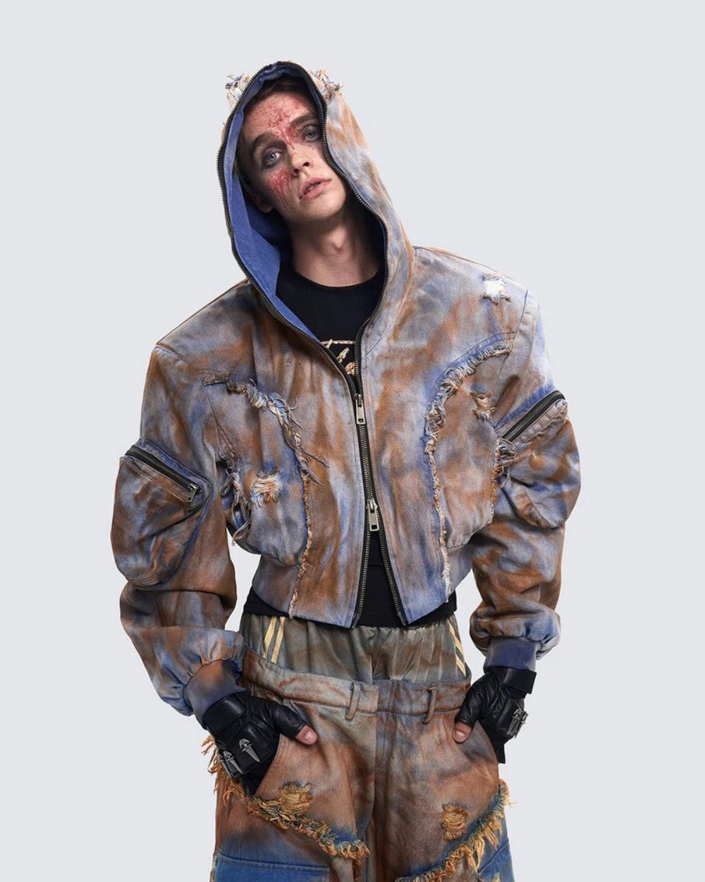 Desert-style short hooded denim jacket for men, distressed mud-dyed fake two-piece with broken structure frayed jeans