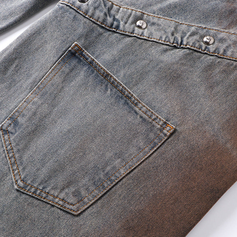 Fashionable retro jeans with multi-functional detachable pocket design, straight-leg pants suitable for both men and women, for relaxed and casual wear.