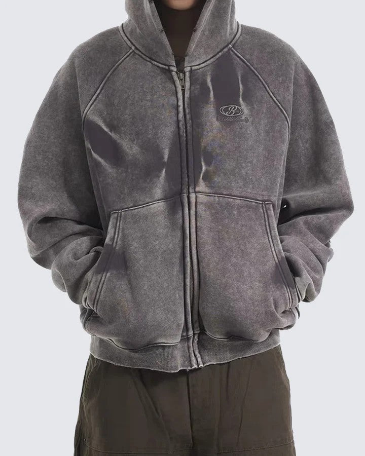 American High Street Vintage Washed Wrinkled Sleeve Hooded Fleece Men's Niche Embroidered Jacket Trendy