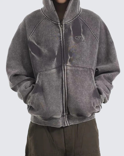 American High Street Vintage Washed Wrinkled Sleeve Hooded Fleece Men's Niche Embroidered Jacket Trendy