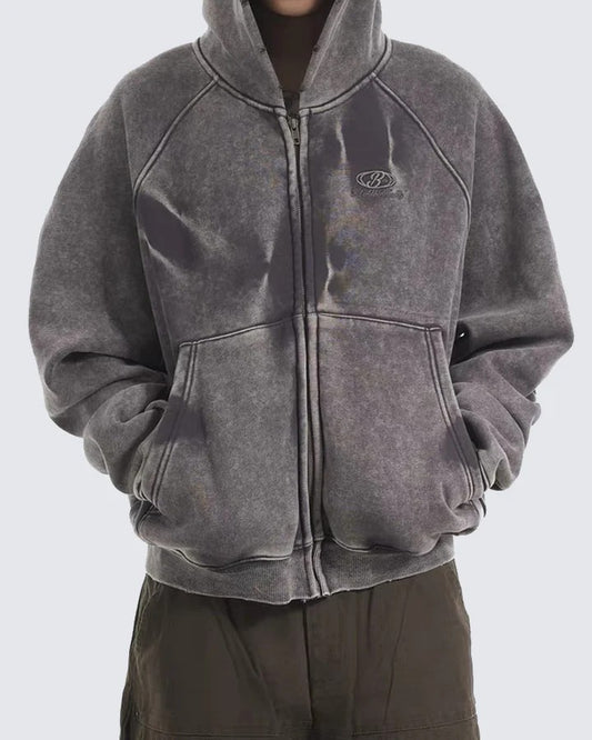 American High Street Vintage Washed Wrinkled Sleeve Hooded Fleece Men's Niche Embroidered Jacket Trendy