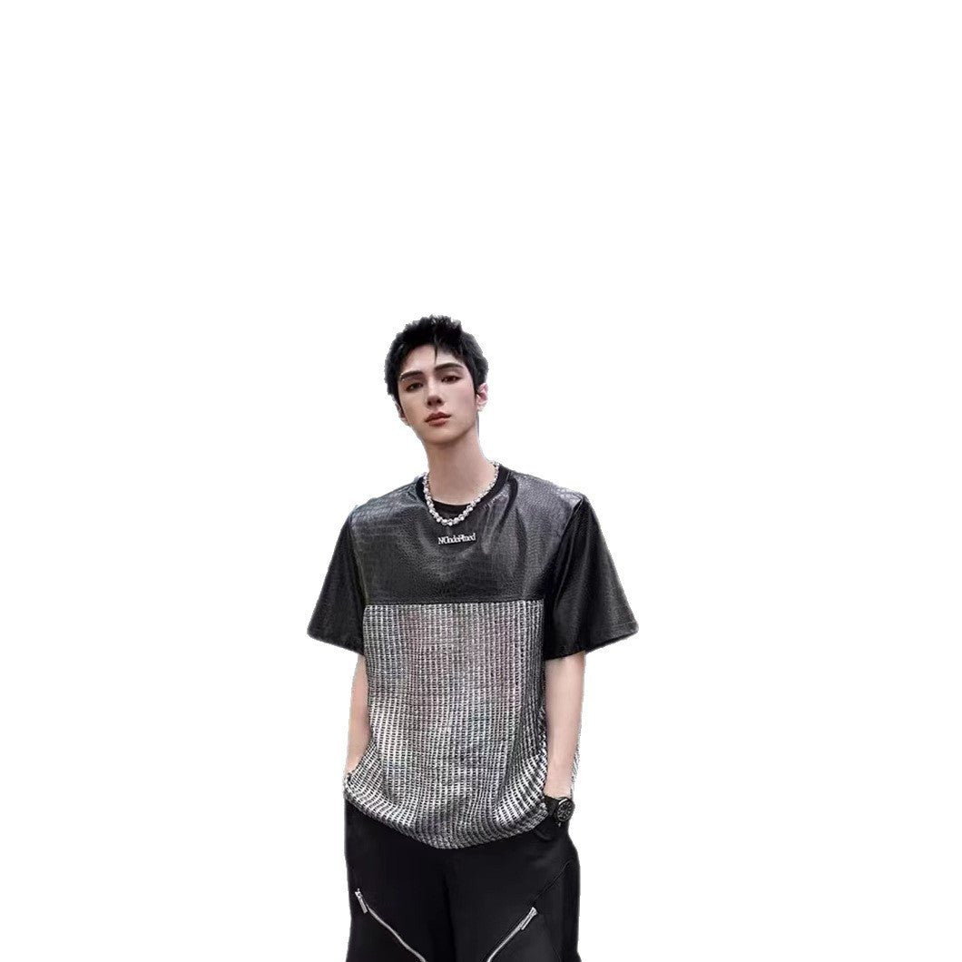 Unique Design Crocodile Pattern Leather Mesh Patchwork Short Sleeve High-end Metal Wide Shoulder Pads T Shirt