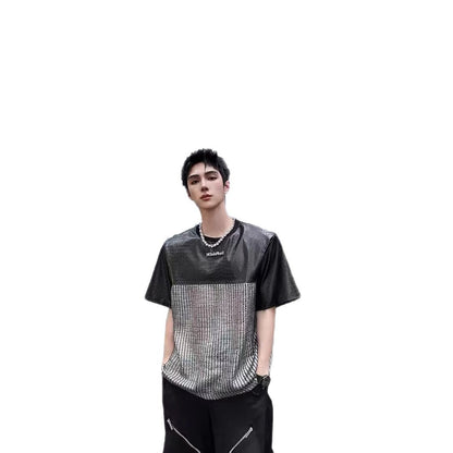 Unique Design Crocodile Pattern Leather Mesh Patchwork Short Sleeve High-end Metal Wide Shoulder Pads T Shirt