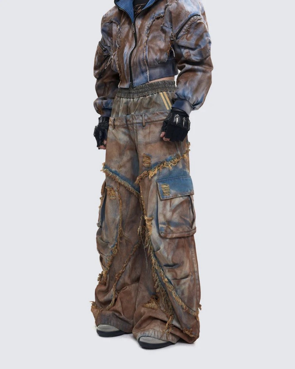 Desert-style short hooded denim jacket for men, distressed mud-dyed fake two-piece with broken structure frayed jeans