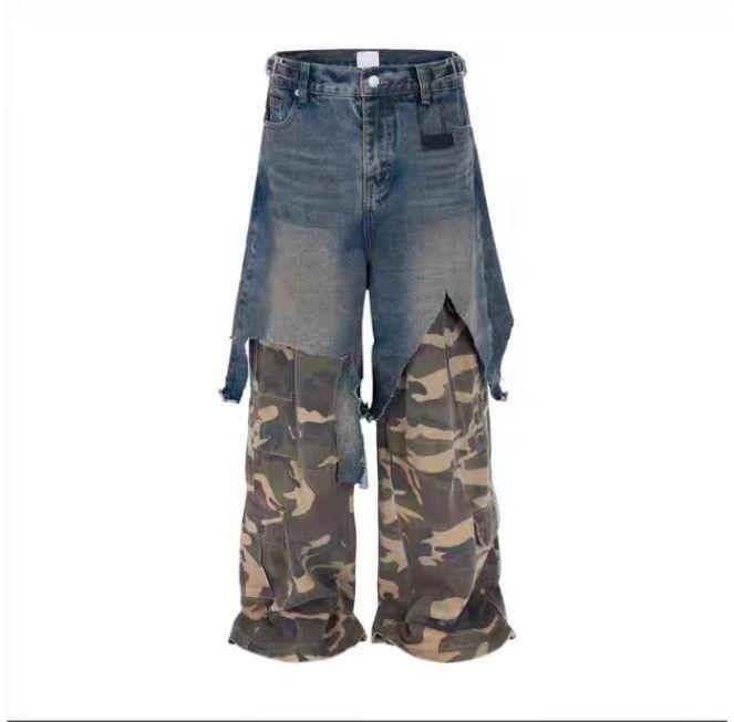 Parisian style vibe Heavyweight Patchwork Fake Two-Piece Vintage Camouflage Functional Loose Cargo Trendy Hip-Hop Jeans