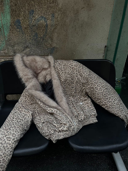 American Retro Style Hooded Thick Cotton Jacket with Leopard Print for Men and Women, Winter Couple's Hooded Cotton Coat