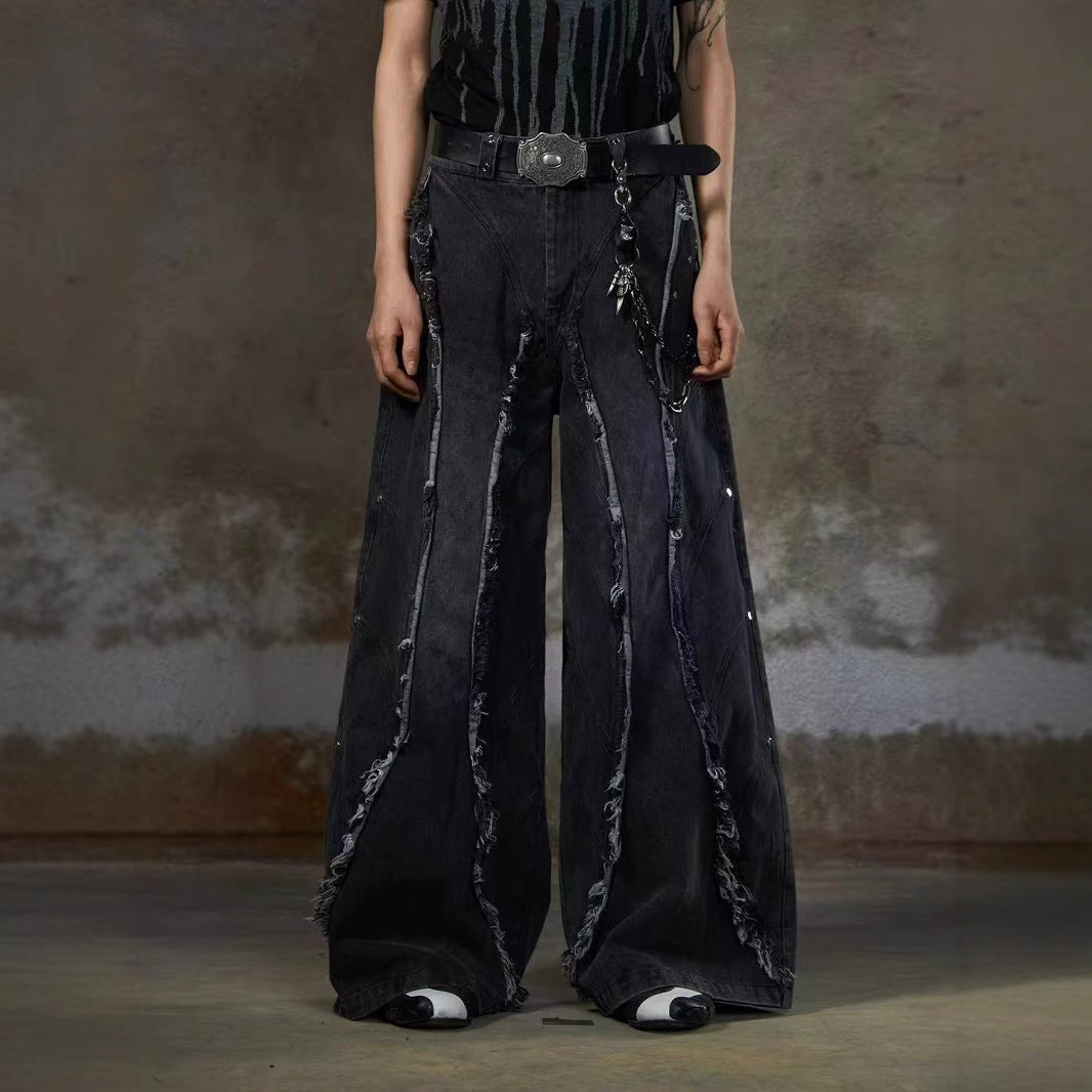 refuge  American Heavy Industry Niche Design Sense Silhouette Jeans High Street Washed Frayed Edge Tassel Rivet Loose Fit