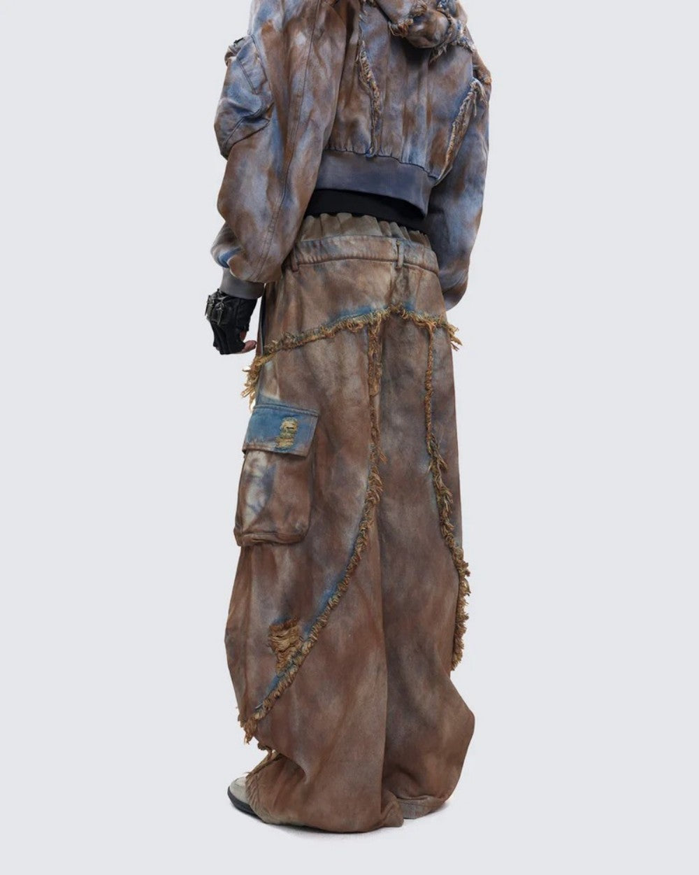 Desert-style short hooded denim jacket for men, distressed mud-dyed fake two-piece with broken structure frayed jeans