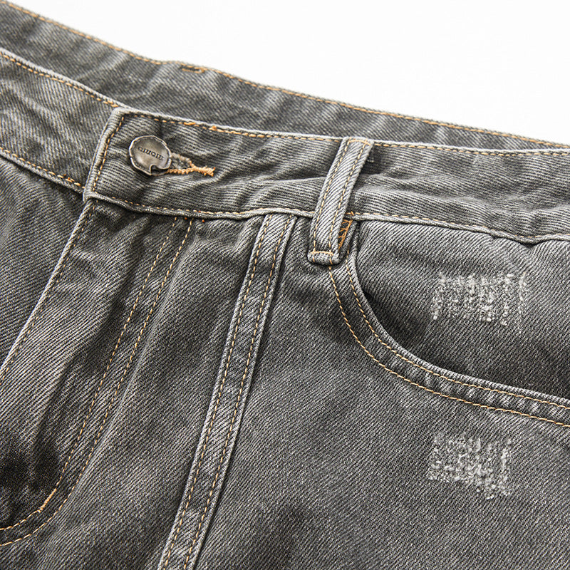 Distressed Jeans Loose Wide-Leg Straight Trendy Beggar Style Slimming High Street Design Niche Long Pants High Street Style