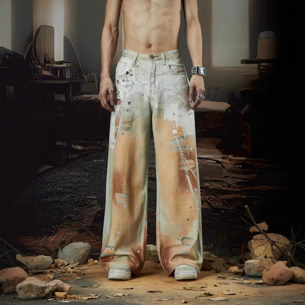 Cross-Border Heavy Industry Chain Print Jeans for Men and Women Summer American Style Straight-Leg Floor-Length Pants