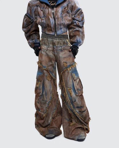 Desert-style short hooded denim jacket for men, distressed mud-dyed fake two-piece with broken structure frayed jeans
