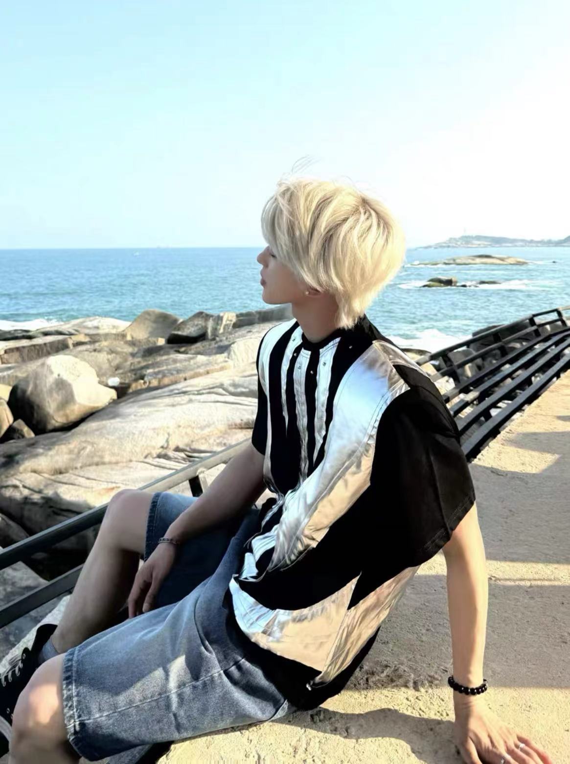 2025Summer New Men's High Street ins Wind Short Sleeve Stylish Color Block Design T T-shirt Breathable