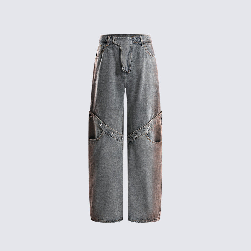 Fashion Trend Retro Jeans Multifunctional detachable pocket design straight-leg pants Unisex Loose Fit
