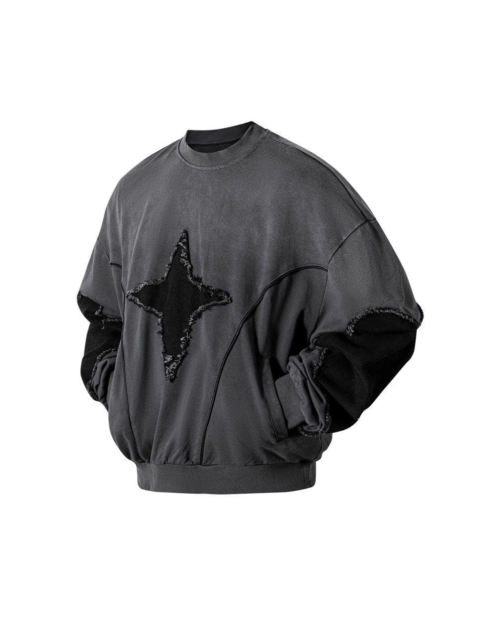 European and American Niche Style Patchwork Starburst Frayed Loose Round Neck Sweatshirt for Men and Women