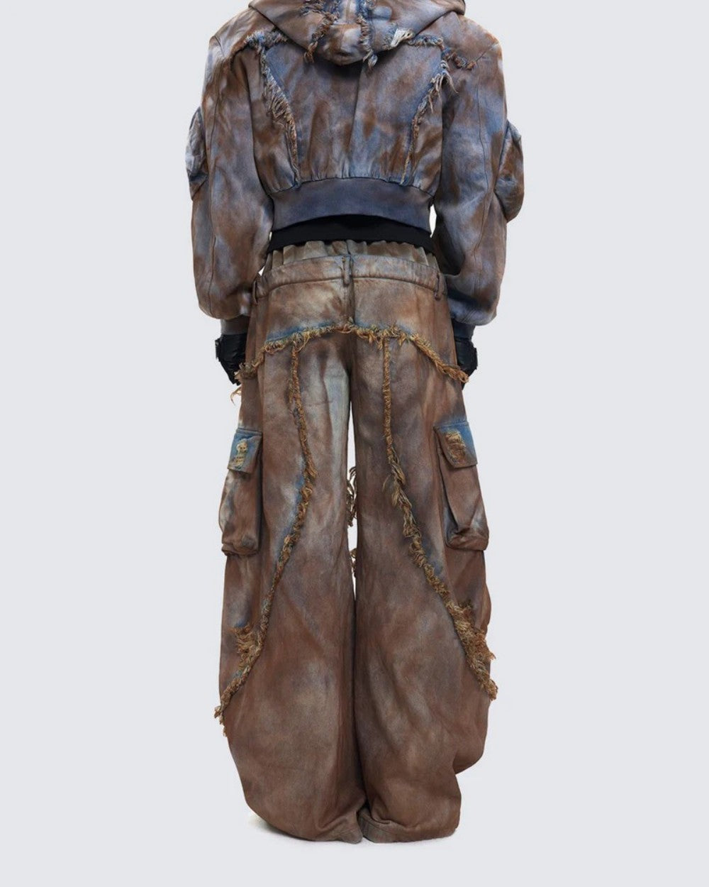 Desert-style short hooded denim jacket for men, distressed mud-dyed fake two-piece with broken structure frayed jeans