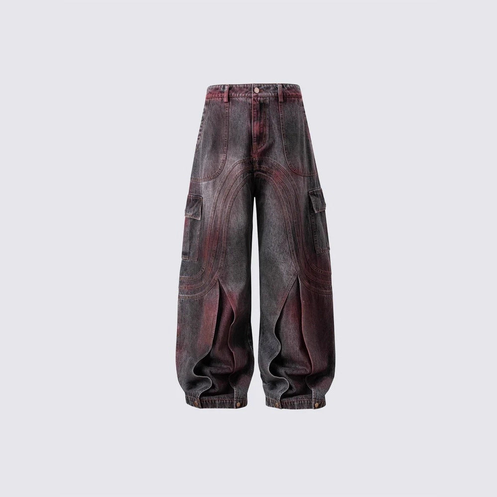 Cross-Border European and American High Street vibe Pants Jeans American Style Straight Spliced Ink Splash Flared Long Pants Men One Piece Dropshipping