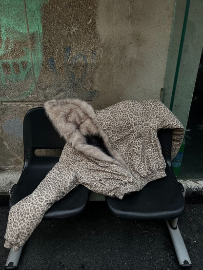 American Retro Style Hooded Thick Cotton Jacket with Leopard Print for Men and Women, Winter Couple's Hooded Cotton Coat