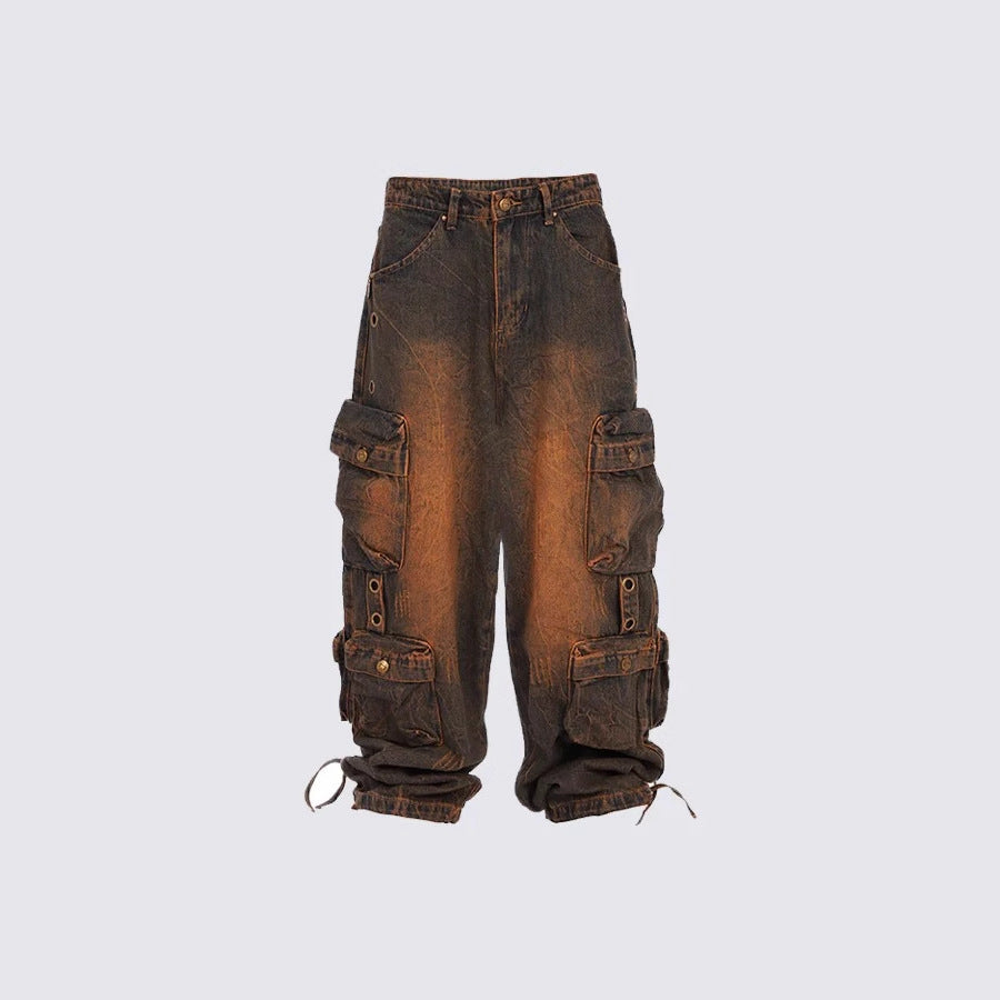 Street Style New Fashion Smoke Gray Patchwork Multi-Pocket Cargo Pants Street Washed Vintage Long Wide-Leg Pants