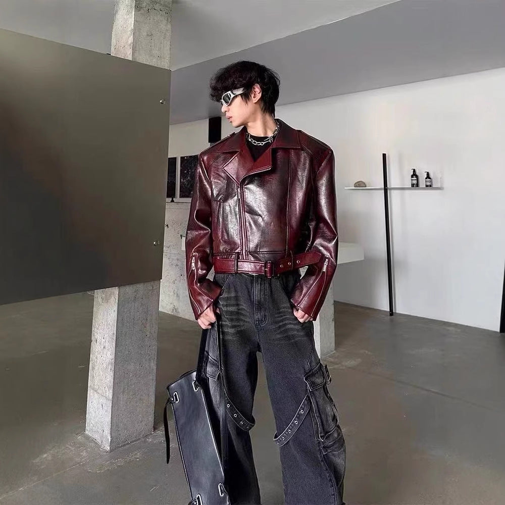 European and American Heavy Industry Angora Red High-End Feel pu Leather Motorcycle Jacket for Men and Women