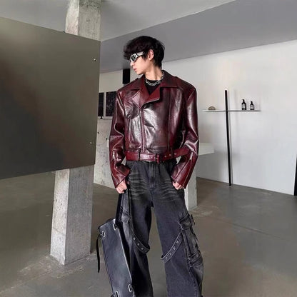 European and American Heavy Industry Angora Red High-End Feel pu Leather Motorcycle Jacket for Men and Women