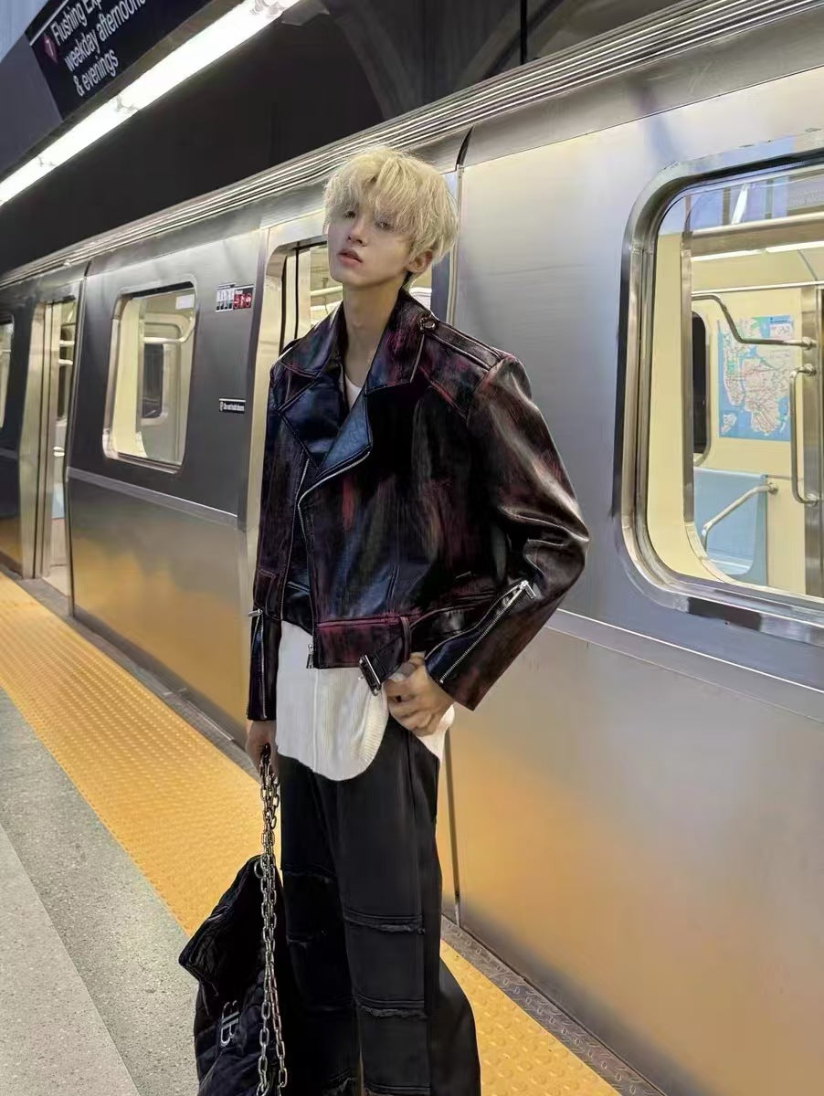 European and American Heavy Industry Angora Red High-End Feel pu Leather Motorcycle Jacket for Men and Women