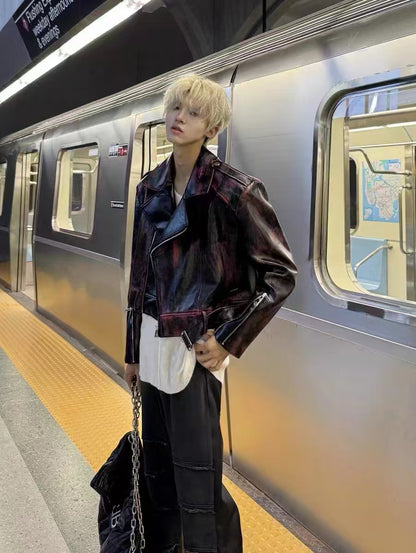 European and American Heavy Industry Angora Red High-End Feel pu Leather Motorcycle Jacket for Men and Women