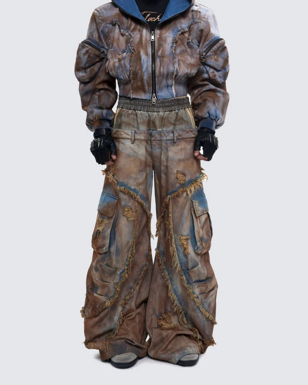 Desert-style short hooded denim jacket for men, distressed mud-dyed fake two-piece with broken structure frayed jeans