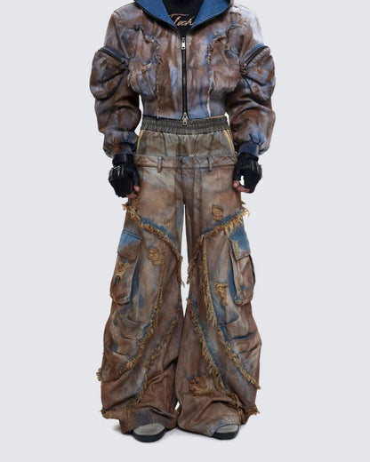 Desert-style short hooded denim jacket for men, distressed mud-dyed fake two-piece with broken structure frayed jeans