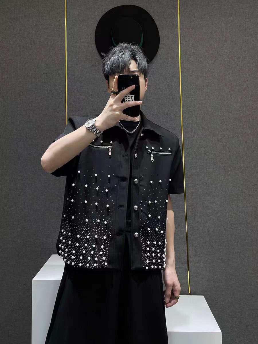 Heavy Industry Niche Rhinestone Metal Black Short Sleeve Jacket Summer New Style Cool Coat Wide Leg Pants Two-Piece Set