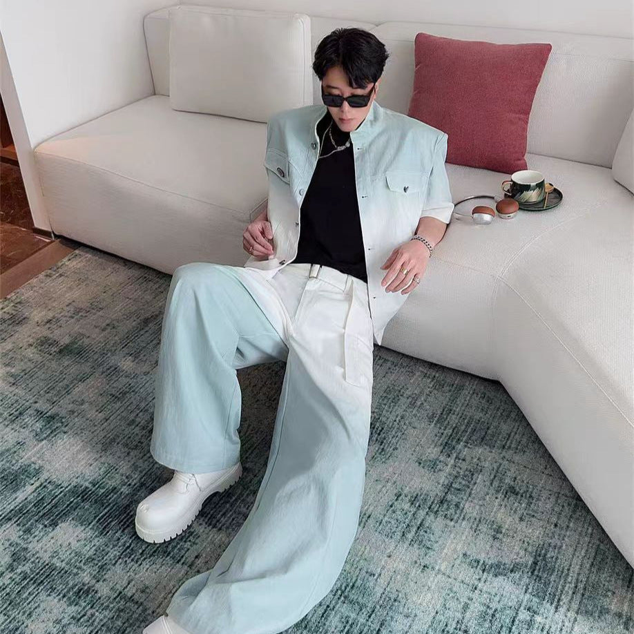 Gradient Short Sleeve Denim Suit for Men2025Summer Loose Casual Scimitar Wide-Leg Pants Jacket Set