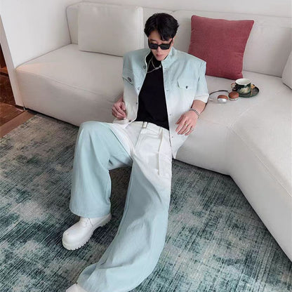 Gradient Short Sleeve Denim Suit for Men2025Summer Loose Casual Scimitar Wide-Leg Pants Jacket Set
