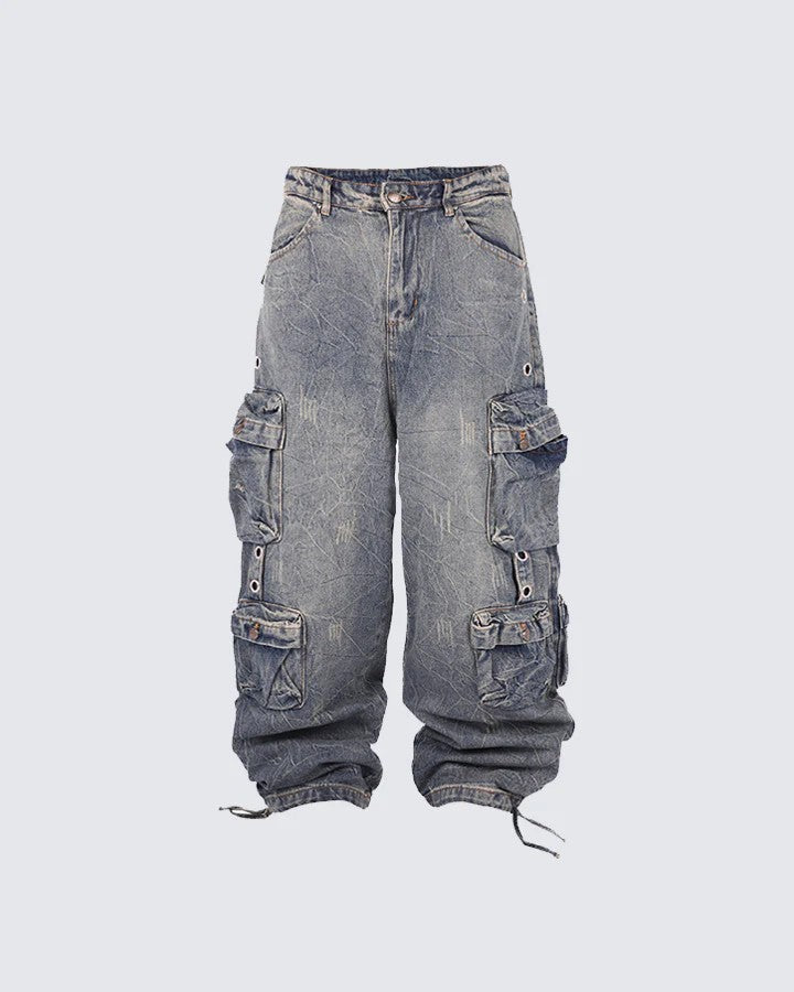 Street Style New Fashion Smoke Gray Patchwork Multi-Pocket Cargo Pants Street Washed Vintage Long Wide-Leg Pants