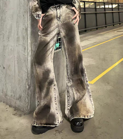 American High Street Retro Distressed Wasteland Style Washed Wrinkled Flared Jeans for Men European and American Wide-Leg Pants Trendy Long Pants