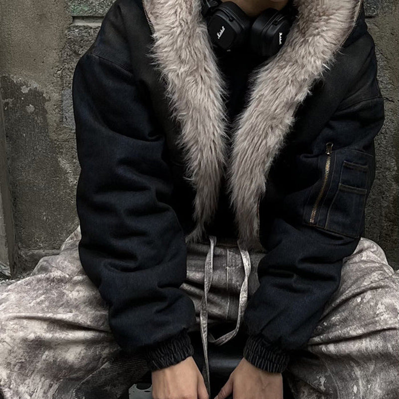 GUO WEAR2024New Winter Washed Denim Cotton Jacket with Fleece Lining American Street Style Wasteland Cotton Jacket