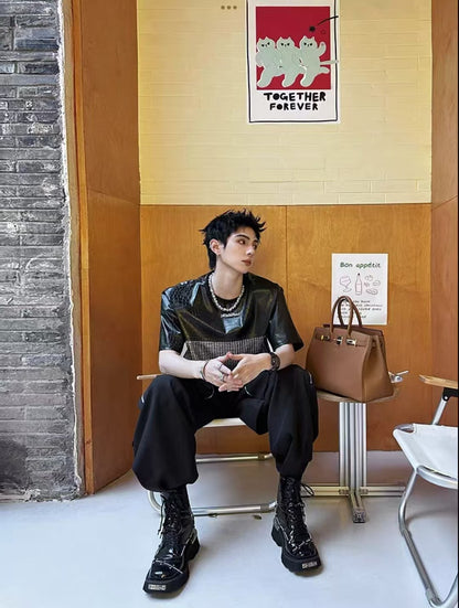 Unique Design Crocodile Pattern Leather Mesh Patchwork Short Sleeve High-end Metal Wide Shoulder Pads T Shirt